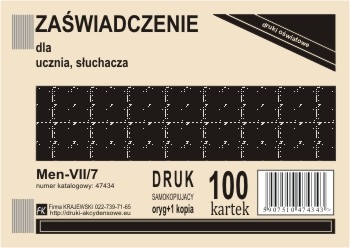 DRUK ZAŚWIADCZENIE DLA UCZNIA A6