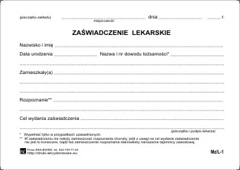 DRUK ZAŚWIADCZENIE LEKARSKIE A6 MZ/L-1